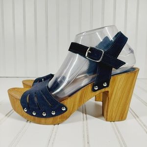 Charles David Wood Platform Leather Ankle Buckle Strap Black Sandals A684.